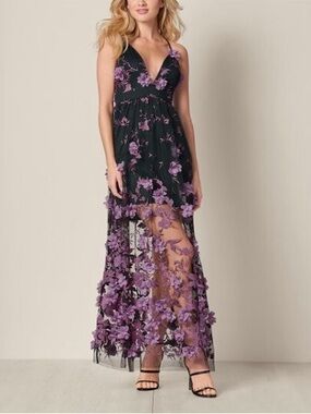 VENUS Black Dress with Lilac Floral Embroidery